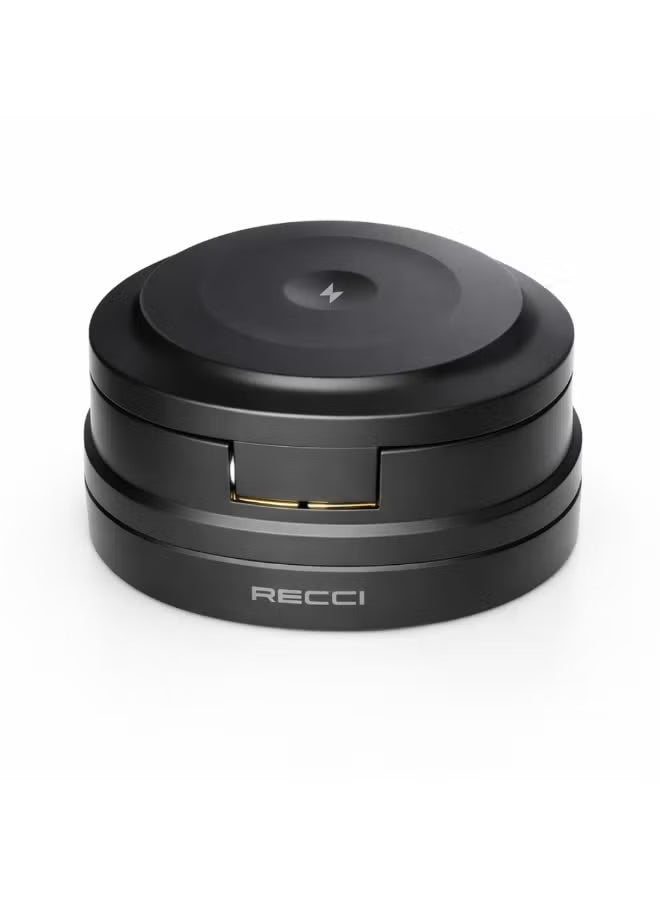 Black 3-in-1 wireless charging power bank with lightning icon and RECCI logo