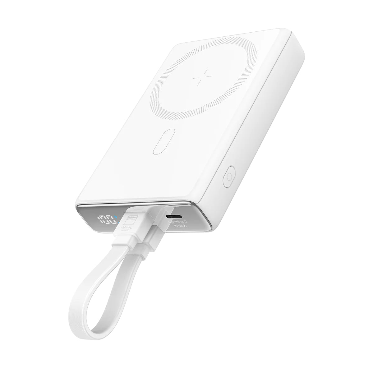 White magnetic wireless power bank with built-in cable and wireless charging pad