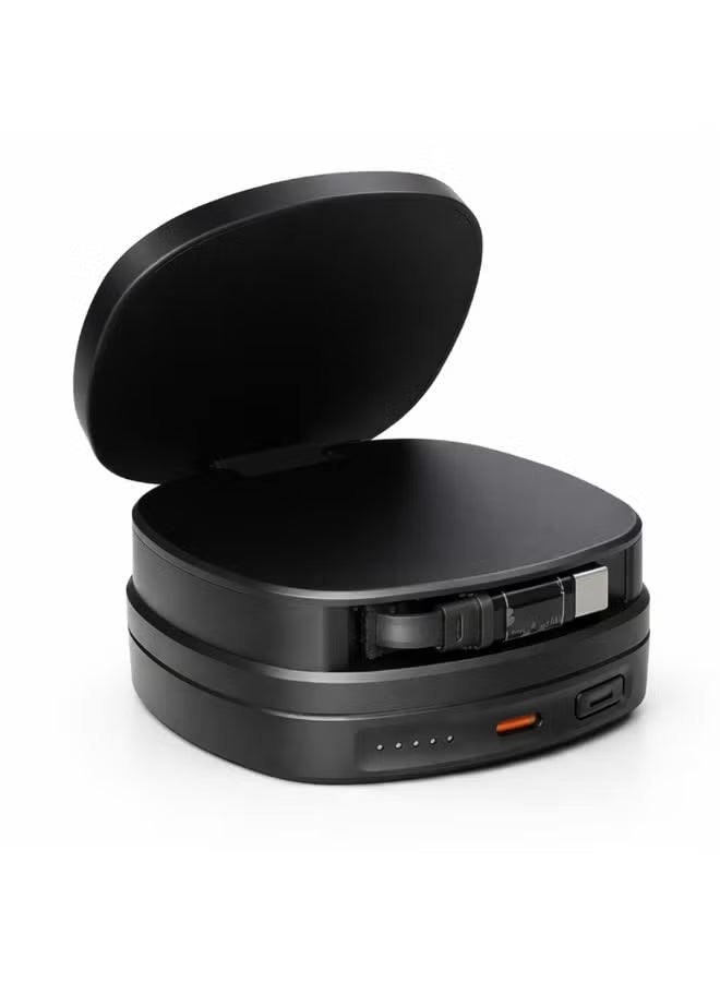 Black power bank with open case, LED indicator, and USB/Type-C ports
