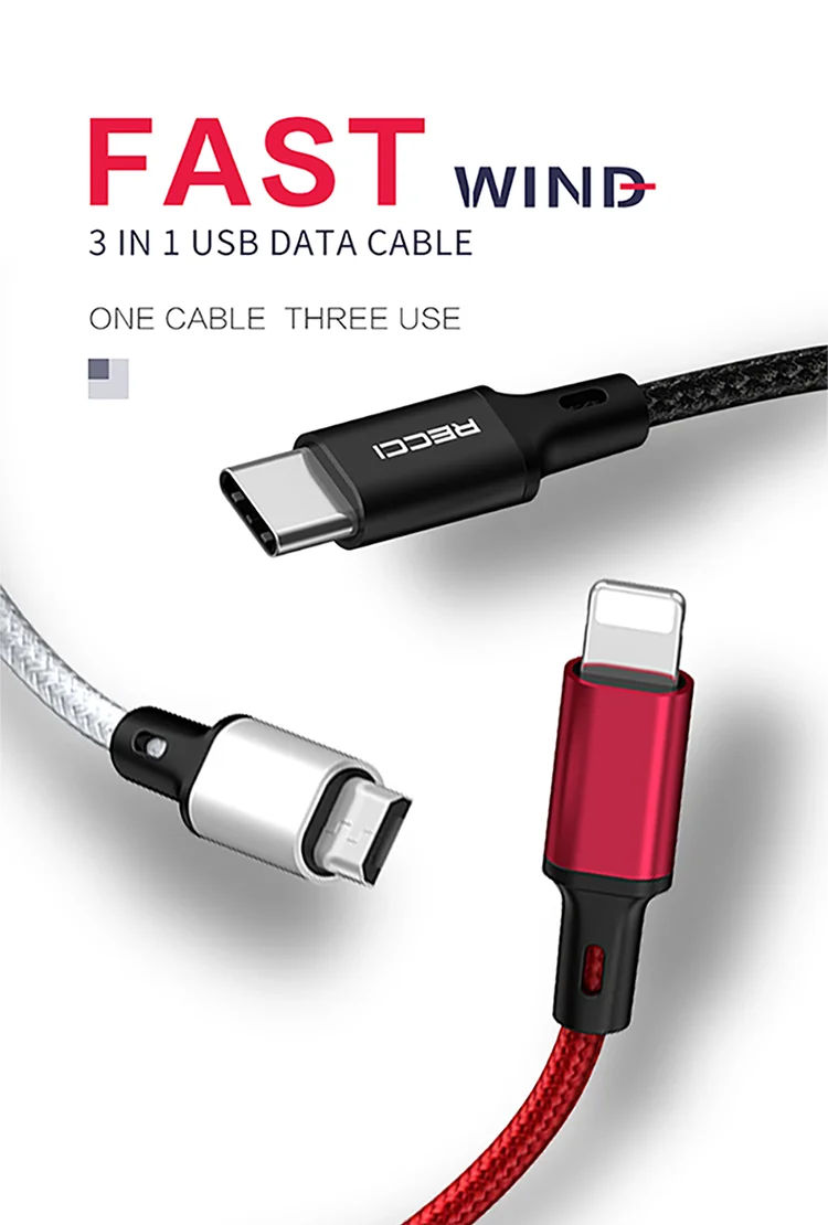Black and red 3-in-1 USB data cable with USB-A plug and multi-connector ends