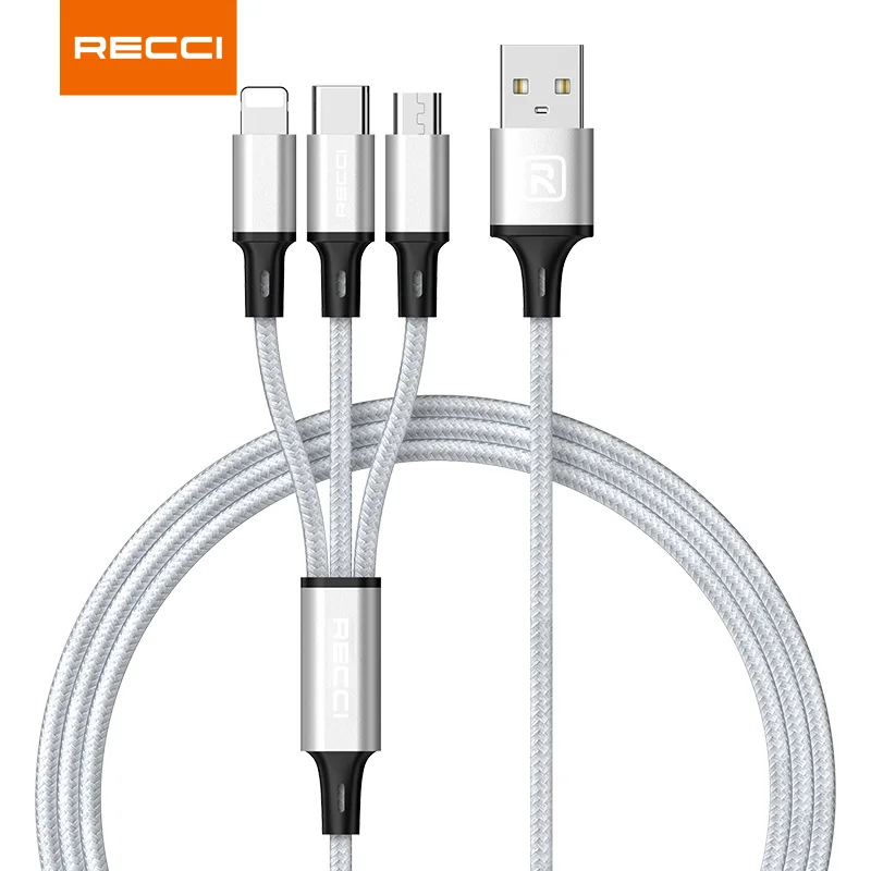 Silver 3-in-1 USB data cable with three braided connectors and USB-A plug