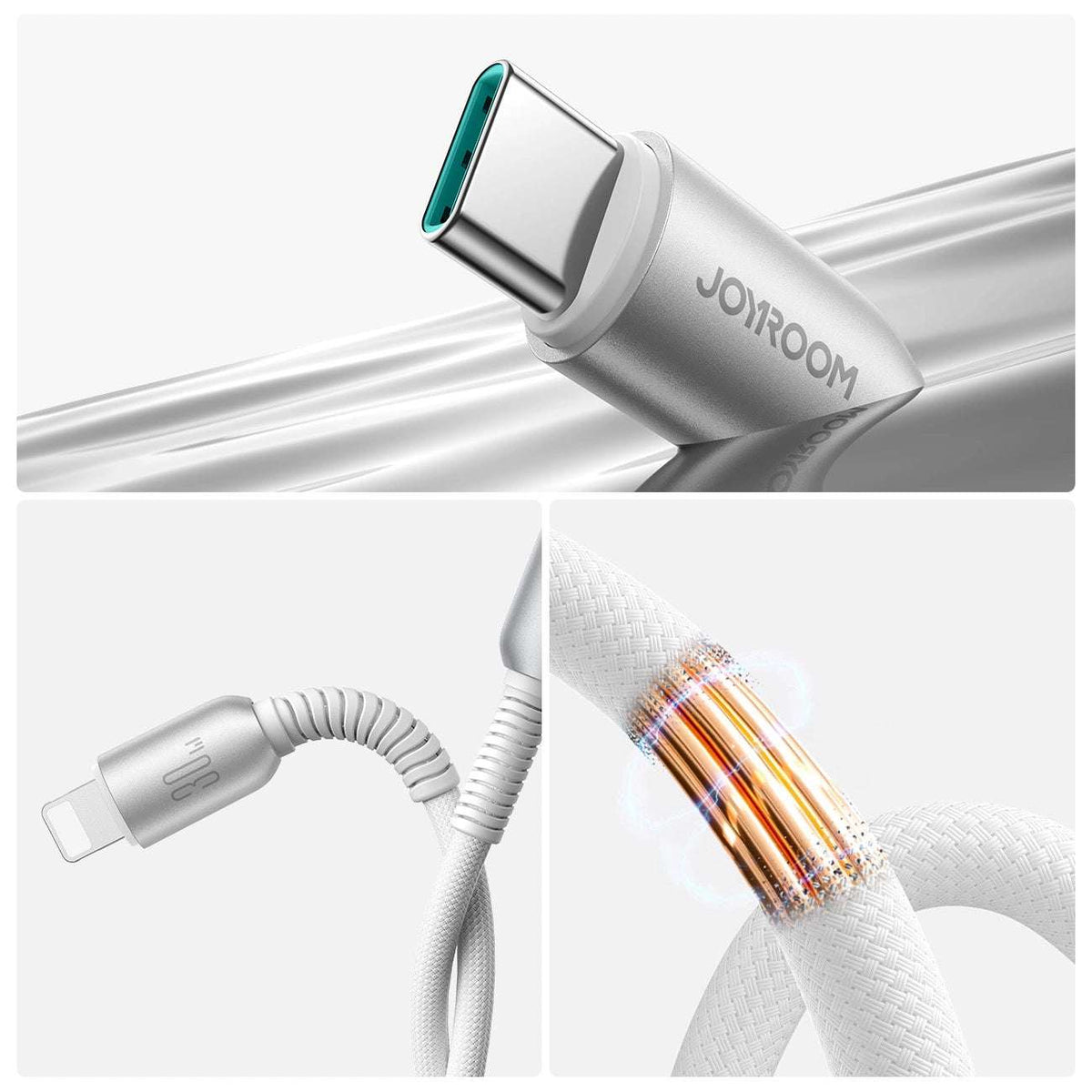 Braided grey USB-A to Lightning cable, USB-A plug and Lightning connector close-up