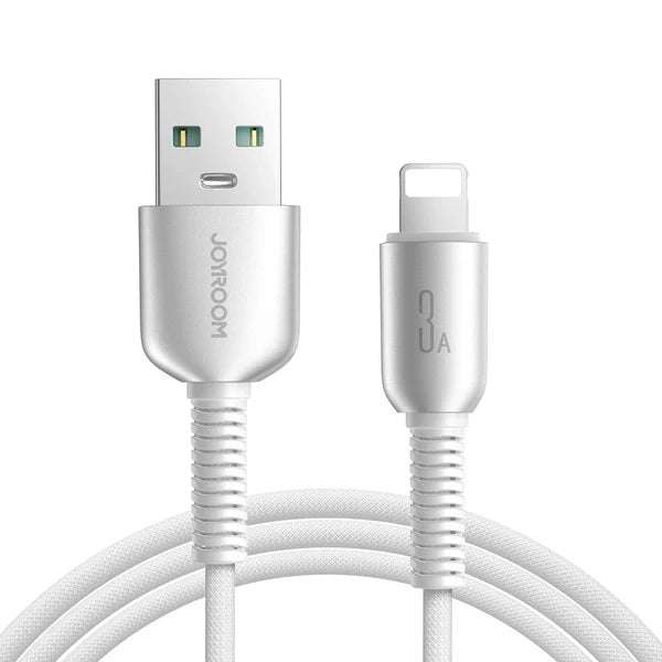 Grey USB-A to Lightning charging cable with braided cord and two connector ends