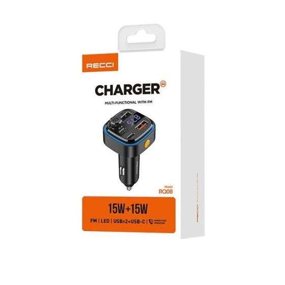 Recci Multifunctional Car Charger, 15 + 15 Watt, 2 USB Ports, 1 USB-C Port, Black - RQ08