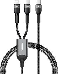 Braided 2-in-1 charging cable with dual connectors and USB-C plug