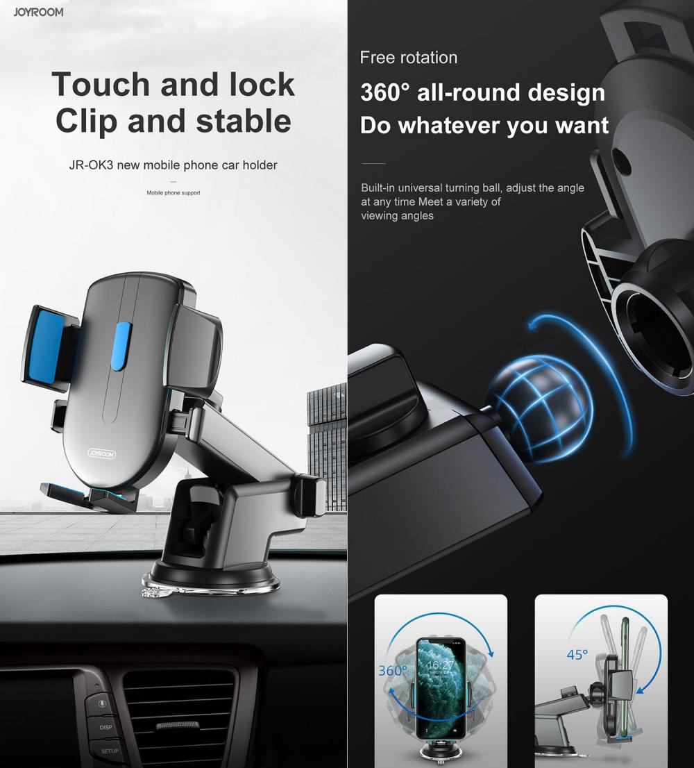 Car phone holder with rotating ball mount and clamp arms, dark gray body with blue ring lighting