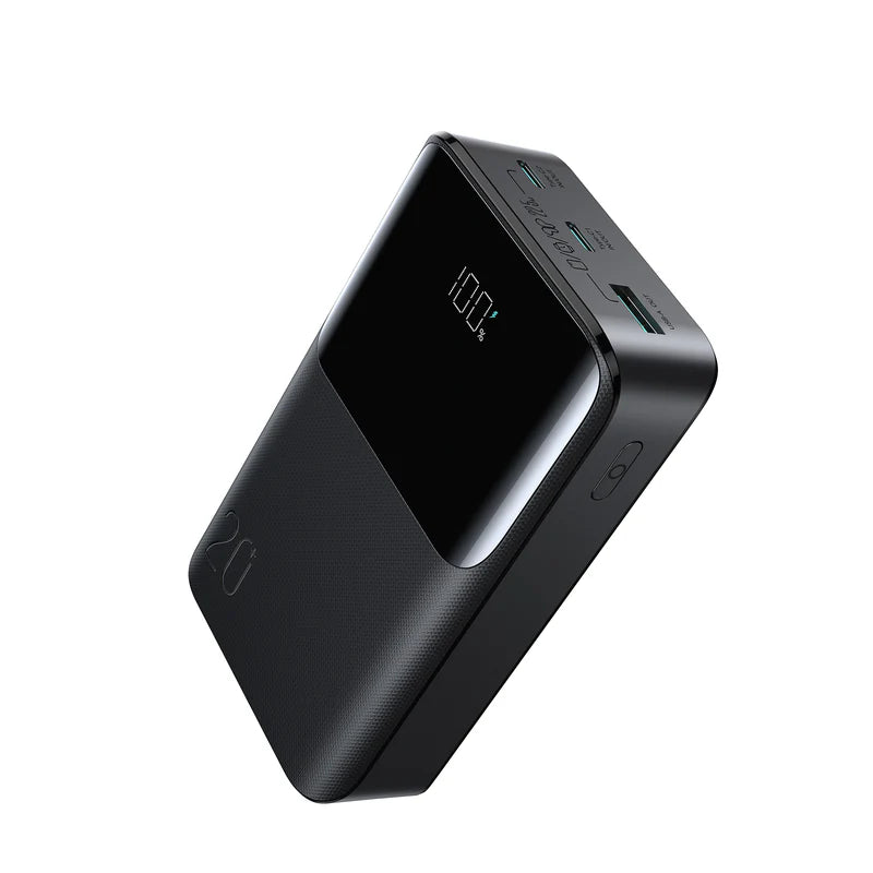 Mini power bank with digital LED display and USB ports, black