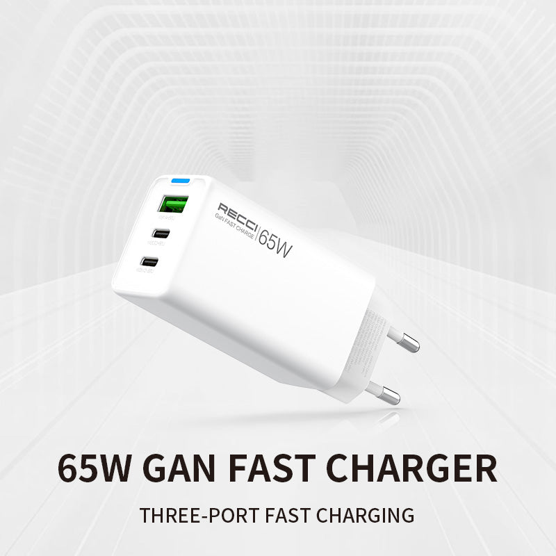 Recci 65W GaN fast charger with three USB ports, white two-pin plug