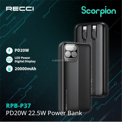 RECCI RPB-P37 22.5W + PD20W POWER BANK 20000MAH (BUILT-IN TYPE-C + LIGHTNING CABLE) - BLACK