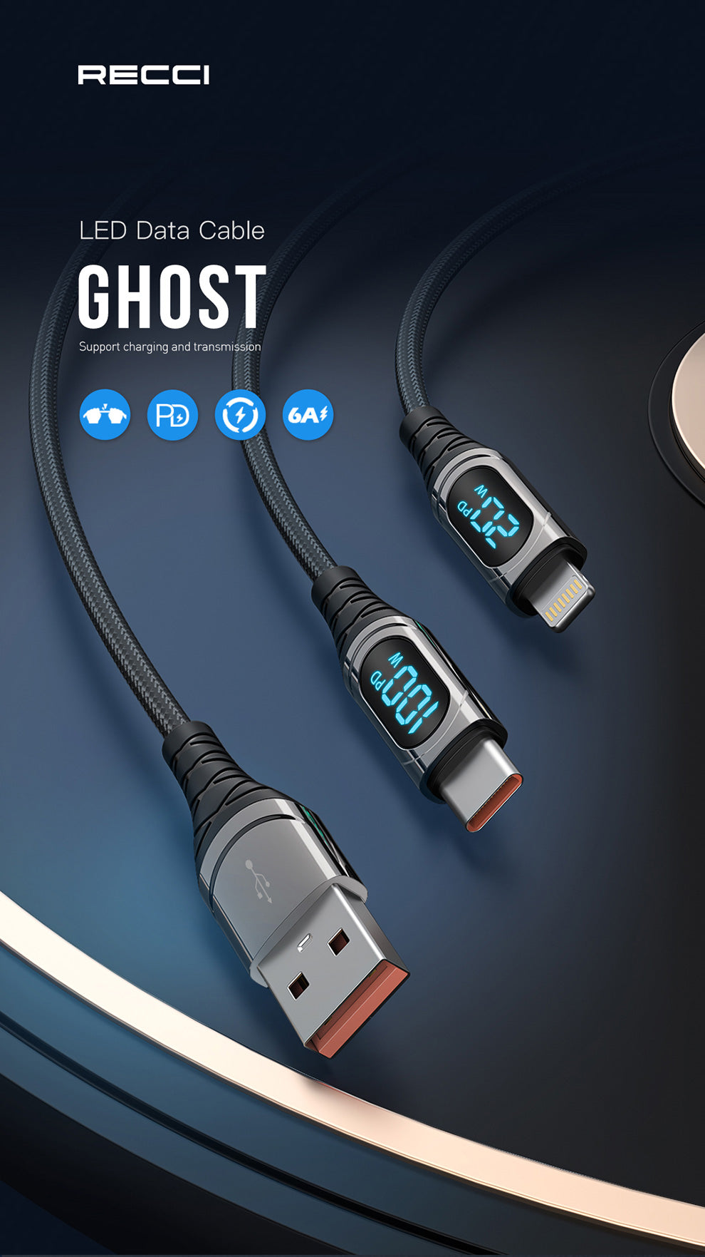 RECCI RTC-P21CC PD 100W TYPE-C TO TYPE-C FAST CHARGING CABLE 1.2M - BLACK