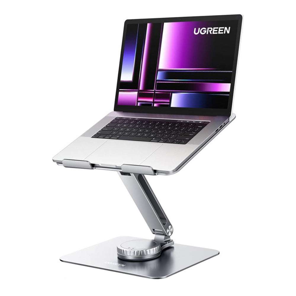 MultiAngle tablet stand holding a laptop on a silver base, swivel support arm