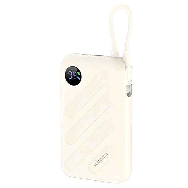Beige 10000mAh power bank with LED screen and side charging port, carrying handle