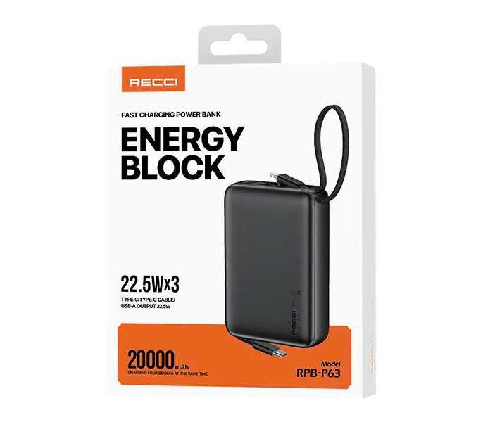 Recci power bank retail box with black charger and wrist strap