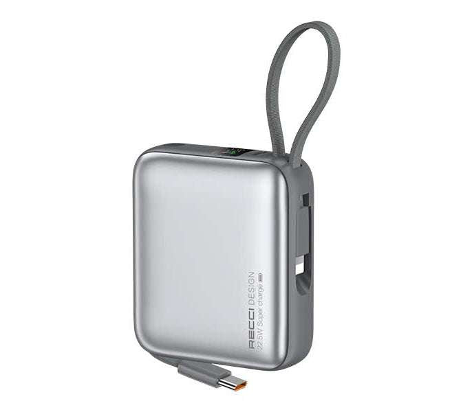 Gray portable power bank with wrist strap and side USB ports