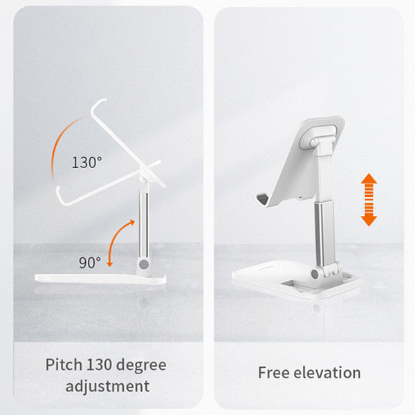 Diagram showing 130° tilt and free elevation desktop phone/tablet stand