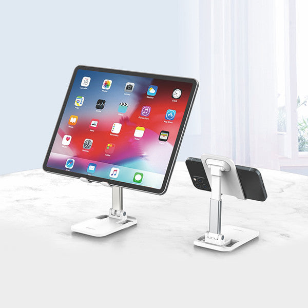 Tablet on desktop stand with vertical viewing arm and white base