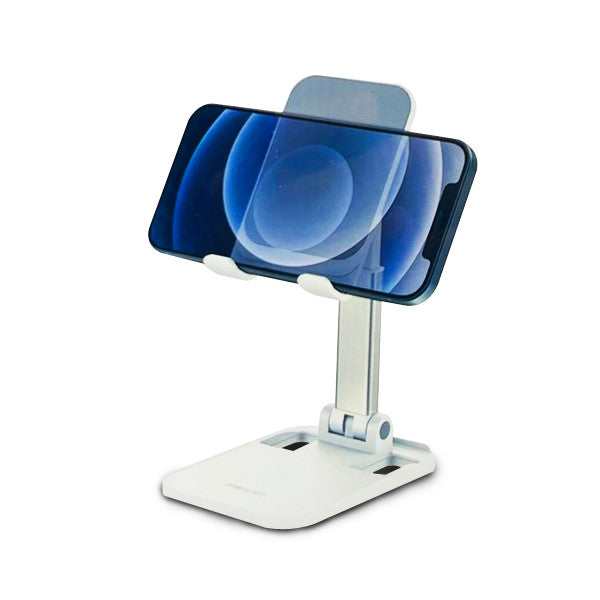 Desktop stand with adjustable arm holding a smartphone in portrait view