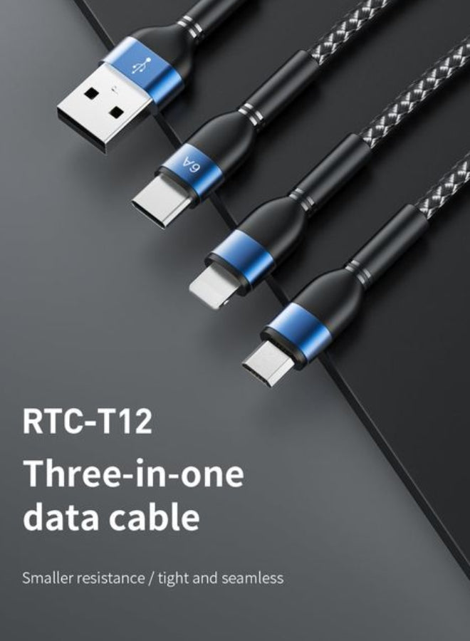 Three charging plugs—Type-C, Lightning, Micro—on braided cables with metal tips