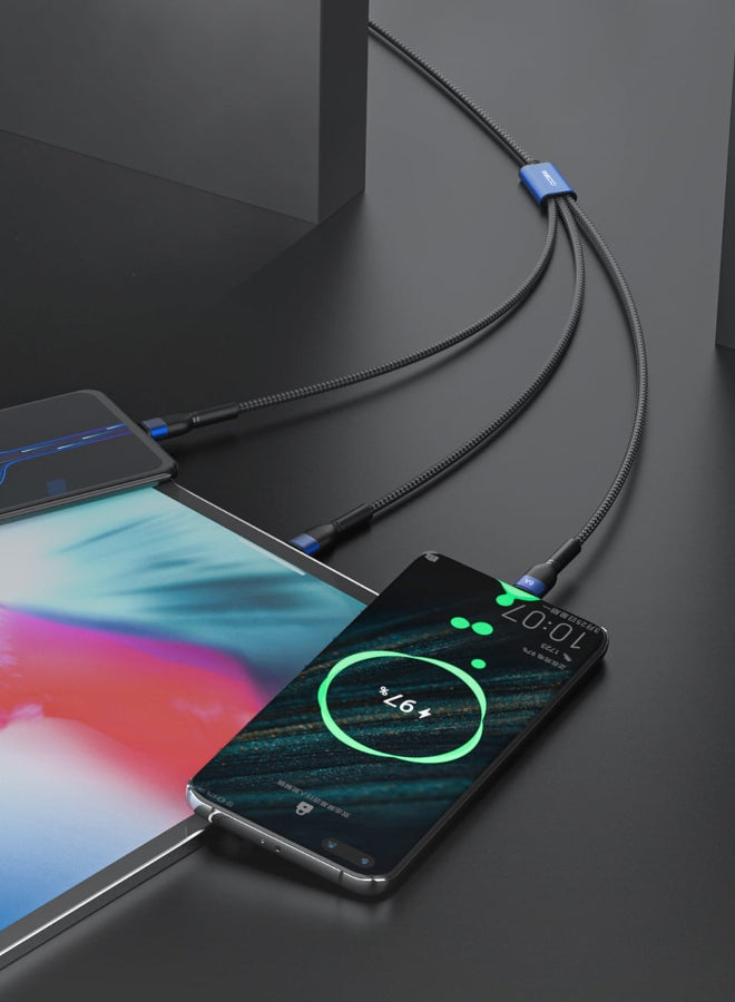 3-in-1 charging cable plugged into phones; Type-C, Lightning, and Micro ends