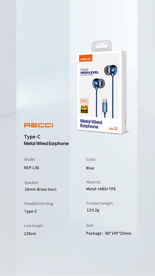 Recci WIRED EARPHONE Blue REP-L36 - Trust Egypt