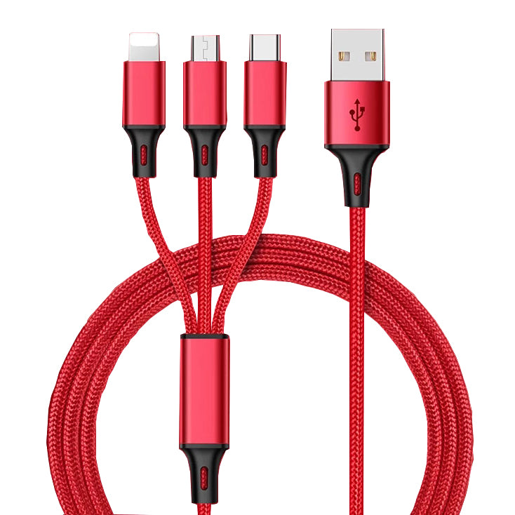 Red 3-in-1 USB data cable with three braided connectors and USB-A plug ends