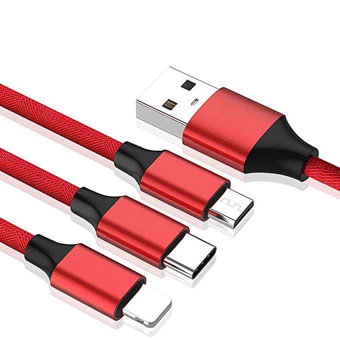 Red 3-in-1 cable ends with one USB-A plug and three multi-connector tips