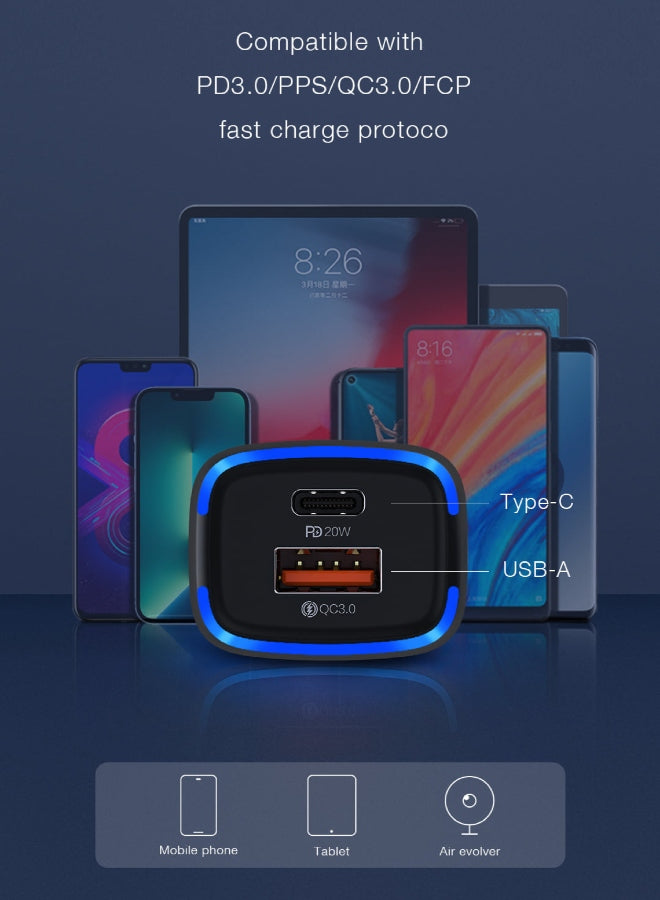 Car charger showing PD20W Type-C and USB-A ports with blue indicator ring