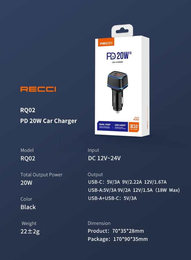 Recci RQ02 PD20W car charger retail box, dual-port USB-A and USB-C