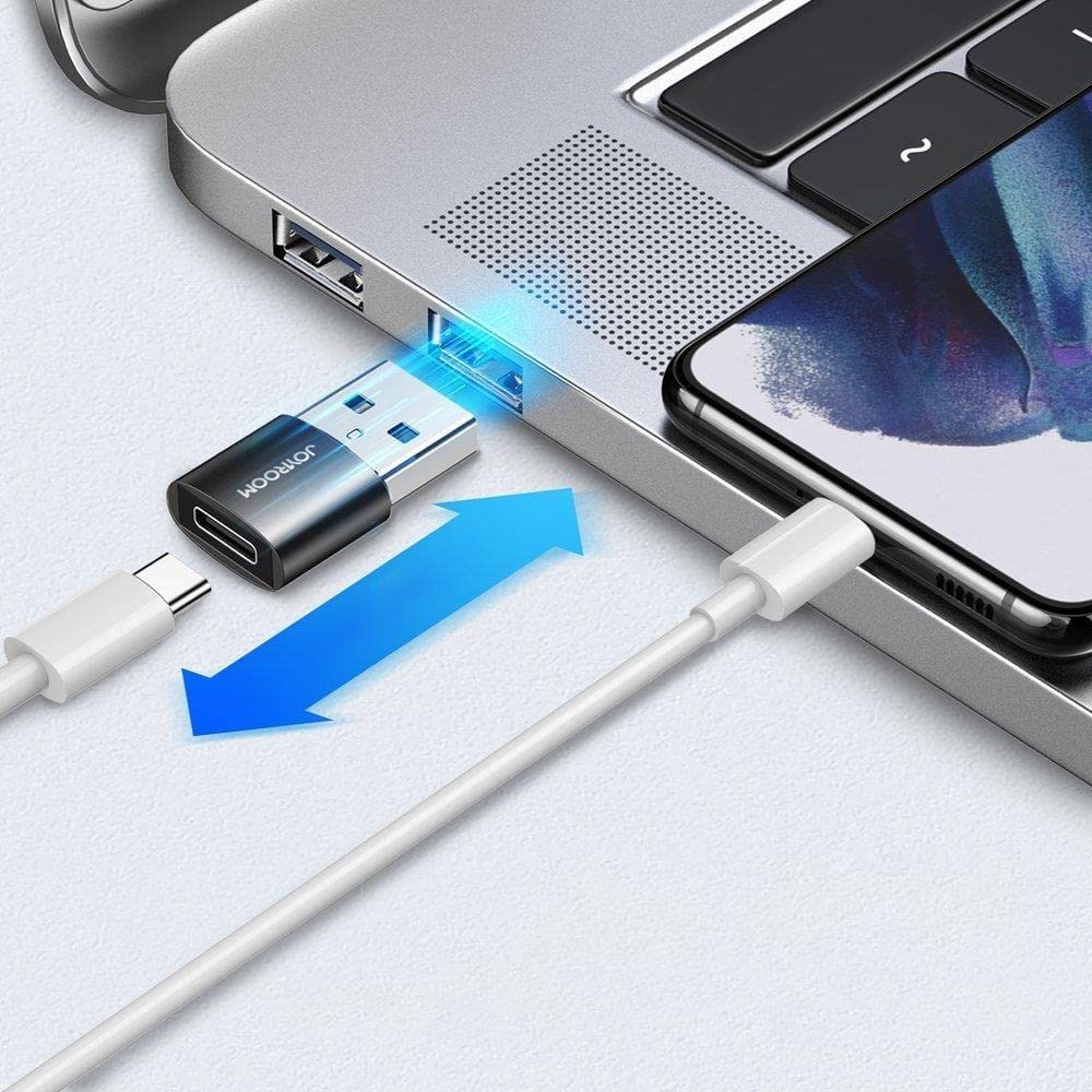 USB-A male to Type-C female adapter plugged into device ports, compact black design
